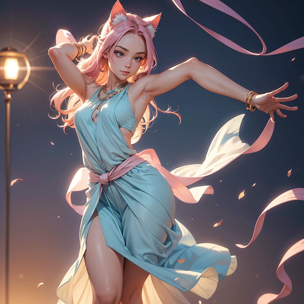 Pose: (best illustration,masterpiece:1.2),ultra-detailed,[(cat ears ,pink inside:1.2), standing with both arms gracefully stretched overhead, fingers slightly splayed or interlaced. Her body should be slightly arched, emphasizing the length and elegance of the stretch.
Expression: Serene and peaceful, with a soft, content smile
Attire: Flowing, comfortable attire such as a light blue dress that complements the stretch.
Hair: Pink Styled naturally, with loose waves, a sleek ponytail, or straight hair cascading down her back.
Makeup: Soft and natural, with a glowing complexion that enhances her features without overpowering them.
Background: A minimalist setting such as a light-filled room, a tranquil outdoor space, or a simple, neutral backdrop that keeps the focus on the pose.
Lighting: Soft, natural lighting, preferably during golden hour, to create a warm glow and highlight the stretch.
Accessories: Minimal, allowing the focus to remain on the graceful pose. Simple jewelry or a delicate bracelet can add a touch of elegance.
Props: Optional, such as a flowing scarf or light fabric that moves with the stretch, adding a sense of fluidity.
Mood: Calm, graceful, and rejuvenated.