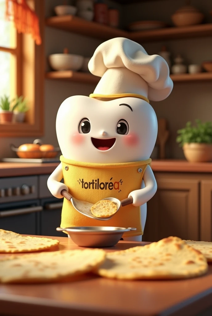 Create an image of an animated tooth wearing a chef&#39;s hat and an apron that says tortilleria in Spanish cooking tortillas in a kitchen