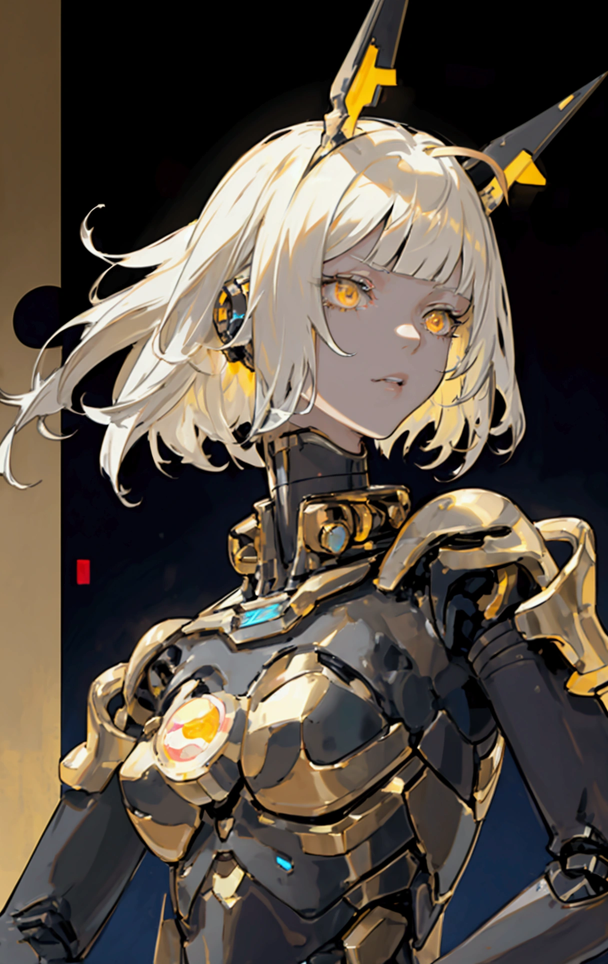 character profile, concept art, robotic, tall girl, android girl, solo focus, warrior stance, mechanical limbs, full body, gritty sci fi, mechanical body, asymmetrical arms, cybernetic ears, antennae ears, angular breastplate, mecha gauntlet, golden eyes, black clothing, yellow armor highlights, high collar jacket, serious, bangs, long side bangs, medium length bob cut, golden colored inner hair, asymmetrical hair, white hair, glowing eyes, determined, masterpiece, super detail, accurate, anatomically correct