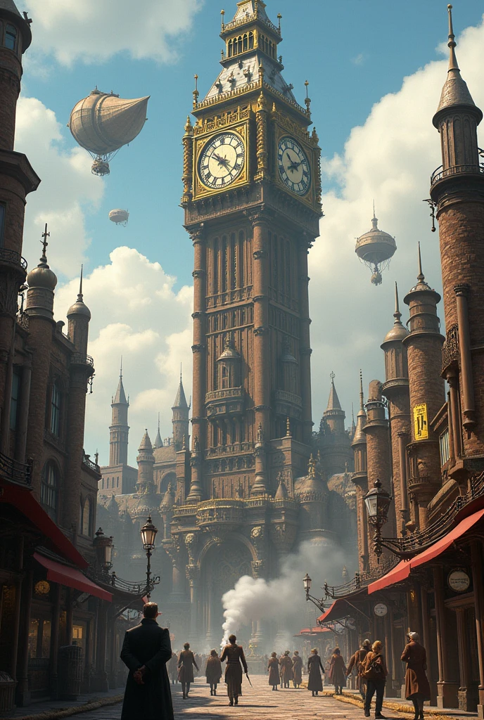 A steampunk city with a clocktower on the midle