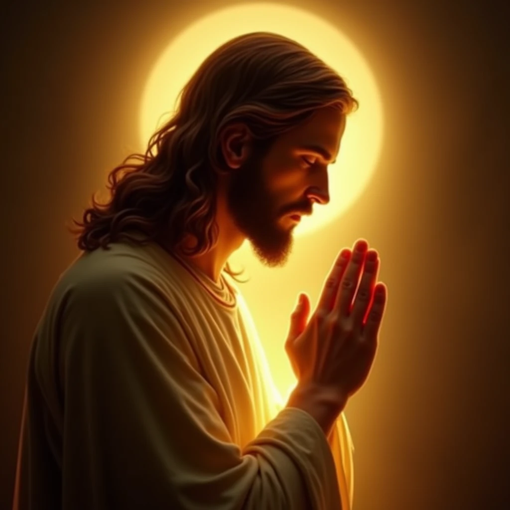 "The Holy Image of Jesus, His profile is calm and, Fold your hands and pray devotionally, Illuminated by golden light."