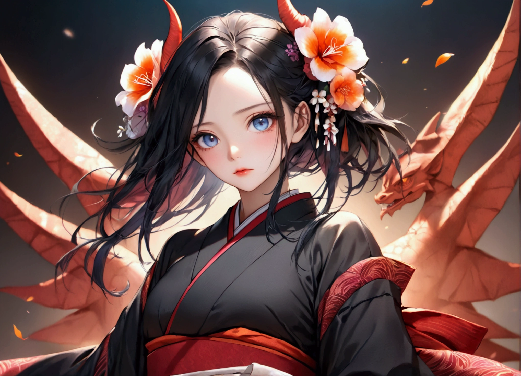1girl, Nezuko Kamado, highly detailed anime character, demon form, flower haori tight on figure, beautiful detailed eyes, beautiful detailed lips, extremely detailed face, long eyelashes, hyper detailed, cinematic lighting, dramatic shadows, vibrant colors, fantasy art style, intricate details, (best quality,4k,8k,highres,masterpiece:1.2),ultra-detailed,(realistic,photorealistic,photo-realistic:1.37)