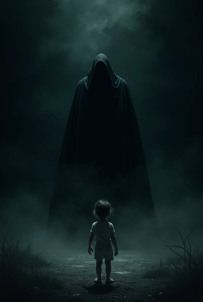 "A  chid who lost in vold of darkness, a reaper appear form shadow not showing his face, whispering close his the child you. Are. Not. Ready."