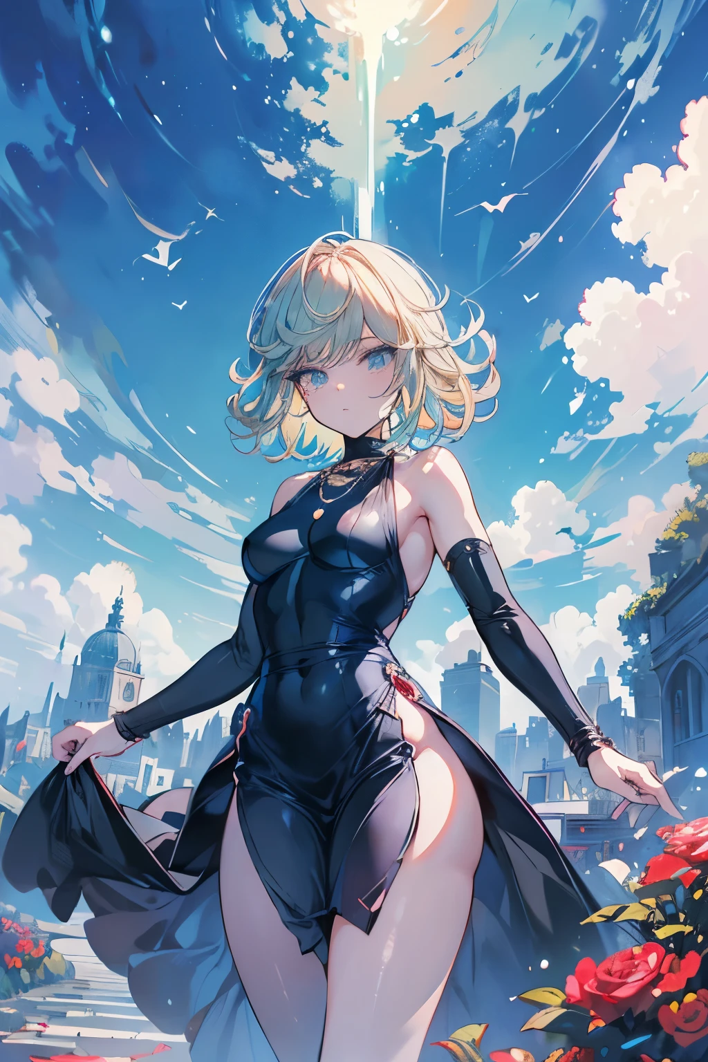 tatsumaki, One punch man,work of art, best qualityer, high qualiy, extremely detaild 8k CG unit wallpaper, (((levitating in the open air, sky, nube, giorno, mar, blue sky, nubey sky, black fitted dress, small, round, perky breasts, thick coxas a mostra, jumps, neckleace))), brave face, rewarded photography, bokeh, Depth of field, HDR, flowers, Chromatic aberration, photorrealistic, extremely detaild, trend in artstation, tendência na cgsociety, intrikate, high détail, Dramatic, art halfway through the trip
