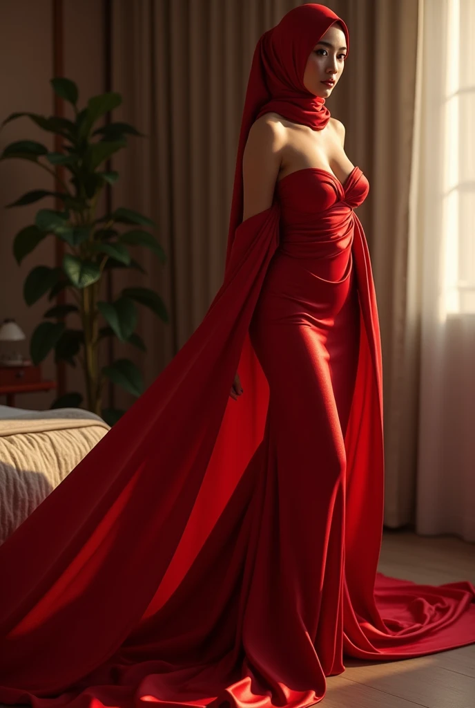 Asian woman wrapped in a red shine satin cloth mimicking a mermaid gown with a striking large train, the cloth clings tightly to her figure, incorporates a hijab, standing with poise, see through whole body,half naked, nipple on, dramatic lighting, sexy pose in bed room, volumetric textures, ultra realistic, golden ratio.