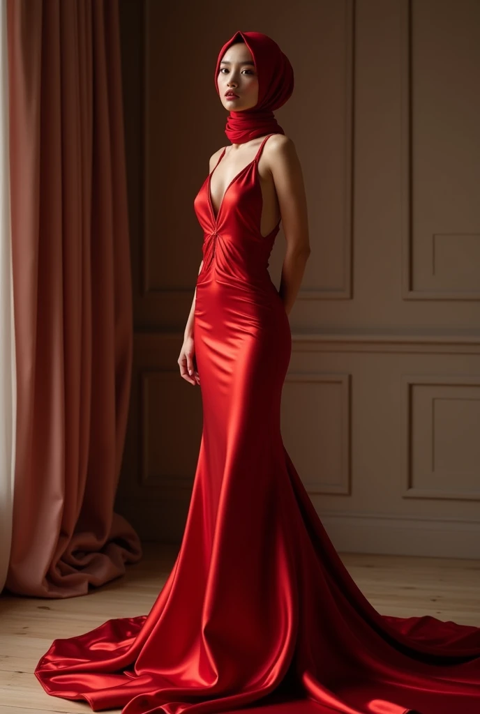 Asian woman wrapped in a red shine satin cloth mimicking a mermaid gown with a striking large train, the cloth clings tightly to her figure, incorporates a hijab, standing with poise, see through whole body,half naked, nipple on, dramatic lighting, sexy pose in bed room, volumetric textures, ultra realistic, golden ratio.