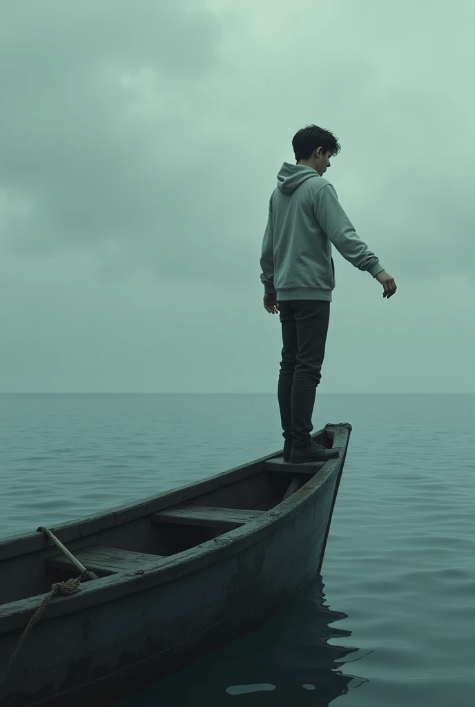 A young man with open arms on the edge of a boat SIDEWAYS! in the middle of the sea feeling the wind. Give a kind of sad view