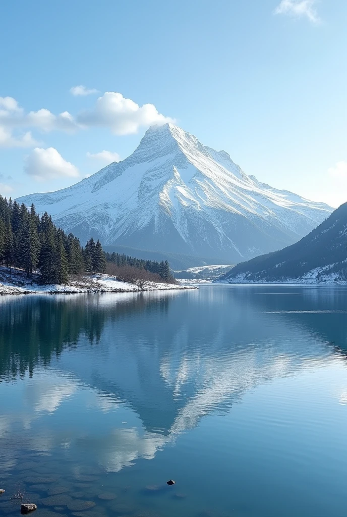 An image of a snow-capped mountain with a lake in the foreground. The mountain should be of medium height and located on the left side of the image. This picture includes only half of the mountain. The lake should be clear, with a small patch of snow behind it. There were a few trees on the hill, and the sky behind the hill should be bright, clear blue, with a few wisps of cloud. Use a wide-angle lens with a focal length of 50mm and set the aperture to f/. Use a tripod to keep the camera steady, 