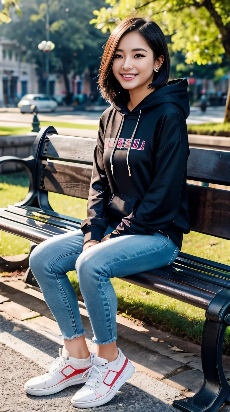 Super Resolution、Beautiful Vietnamese woman、Full body photo、sitting on a park bench、Short Haircut、ear piercing、necklace、hoodie、Skinny jeans、sneakers、、smile、Beautiful teeth alignment