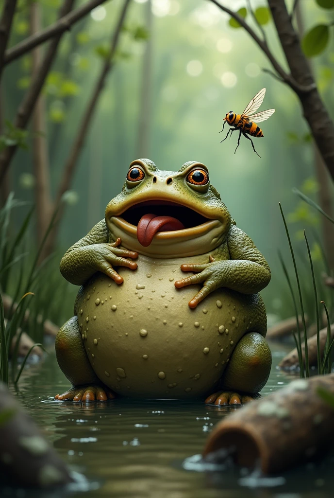 Fat toad distracted eating a fly in the swamp