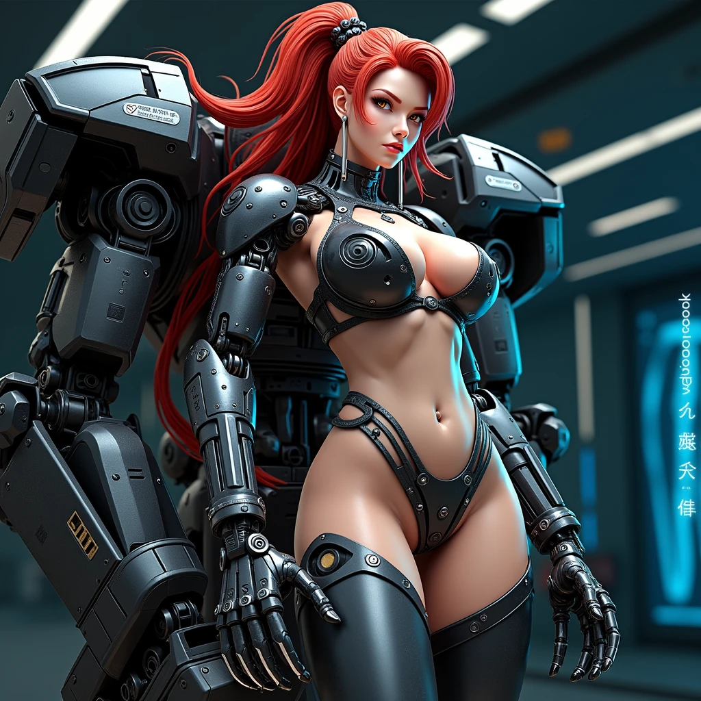 1girl, solo, long hair, mega huge breasts, looking at viewer, super large breasts, gloves, navel, jewelry, ponytail, thighs, red hair, earrings, parted lips, fingerless gloves, lips, orange eyes, muscular, watermark, thick thighs, abs, revealing clothes, web address, freckles, science fiction, muscular female, mechanical arms, cyborg, single mechanical arm, obliques
