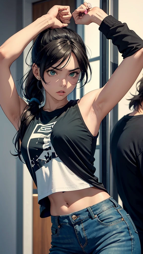 This guy is tall, with 1,80m de altura, has light brown skin and green eyes. Her hair is black and long, usually tied in a low ponytail. He wears casual clothes, like a black t-shirt, light denim jacket and caramel pants. He looks serious and reserved., but has an unexpected sense of humor. Exceptional features: is extremely athletic and has a lot of energy to burn.