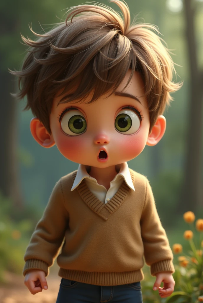 Short boy, light brown hair and green eyes, wearing a light brown sweater and a white shirt underneath, dark blue pants, his expression was surprised and somewhat scared.