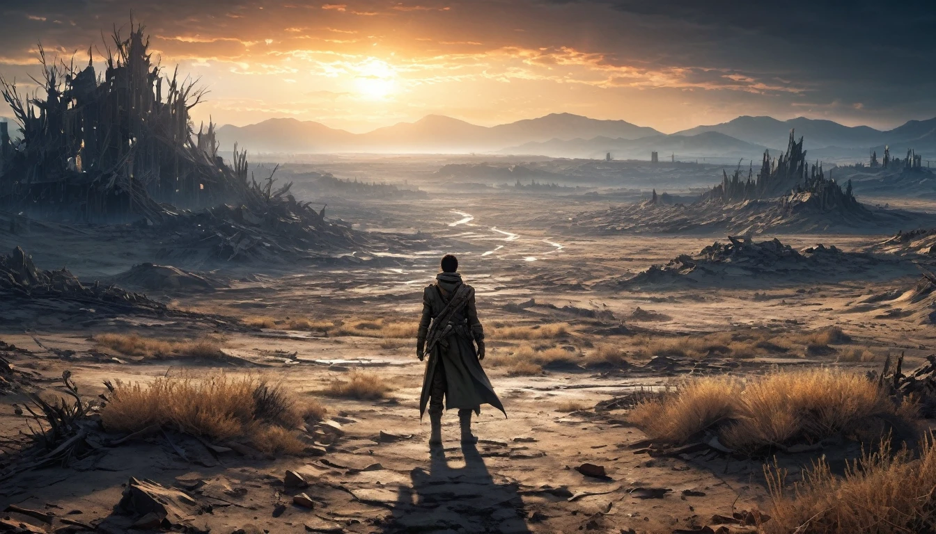 (anime, fantasy, wasteland), (best quality, highres, HDR:1.2), (cold colors), dark atmosphere, harsh environment, abandoned land, a man standing in the distance, drought, intricate, ethereal light, detailed landscape