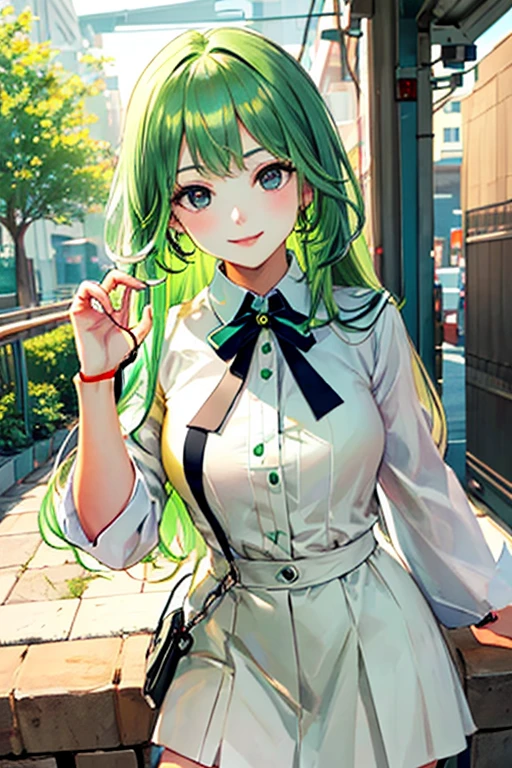 ((masterpiece)), (((best quality))), chromatic lighting,
colorized, green + white limited color palette, 
detailed concept drawing,
Street Fashion, on a Station platform,
portrait, 20yo 1girl, medium soft breasts, slender, long green hair, black eyes, smiling