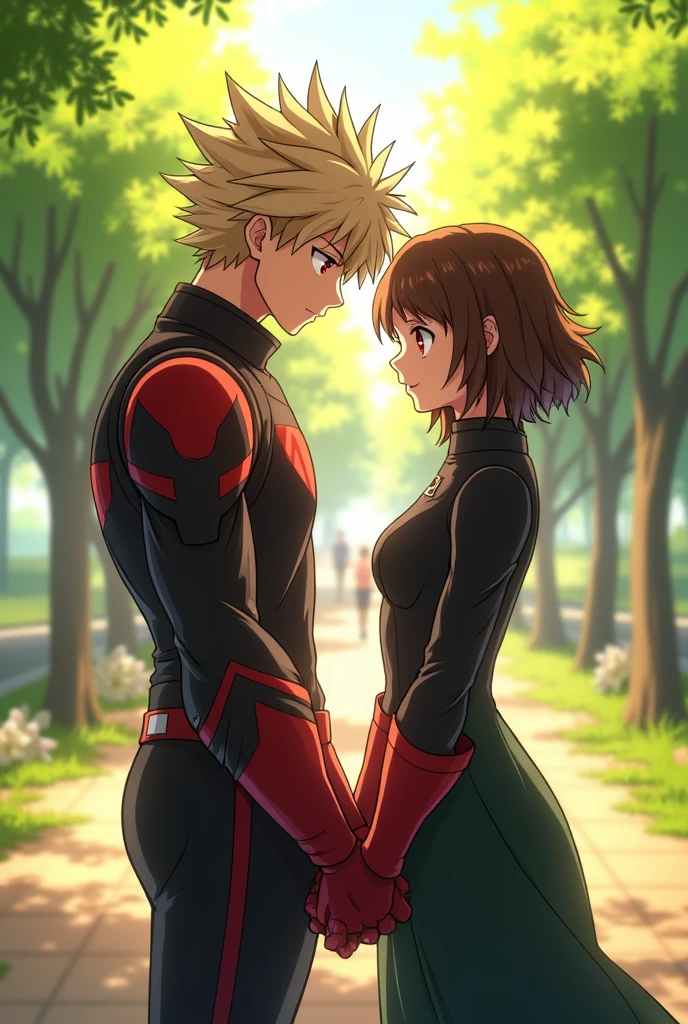 A bakugou katsuki as he is in the anime with his Boku no hero costume holding hands with a girl with short curly hair and brown eyes in a park in love