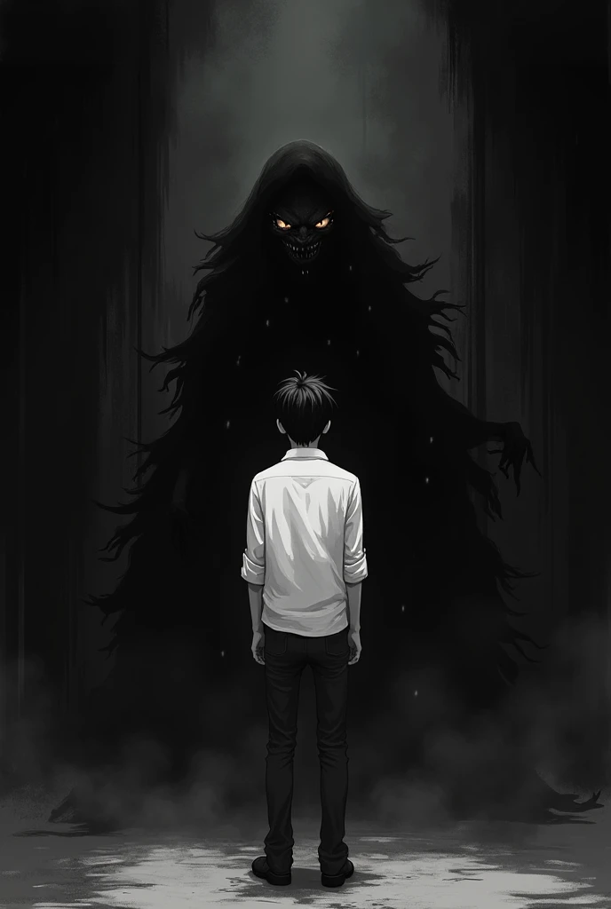 Create a spirit a little, very little, macabre talking in the ear behind a scared man black and white anime 
