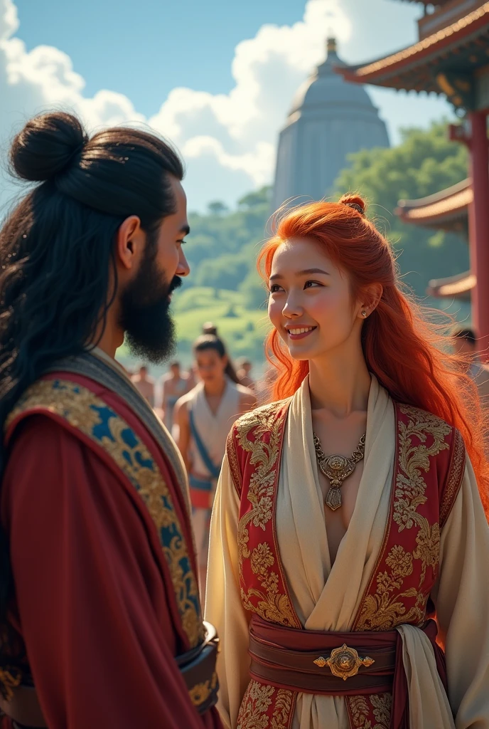 Black-haired man from ancient times watching red-haired woman laughing with other people