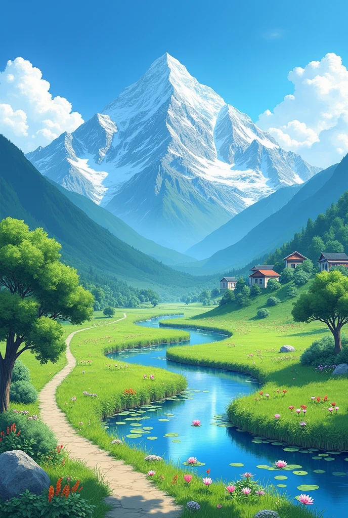 Majestic snow-capped mountains stand in the distance，周围是郁郁葱葱的绿色grassland和生机勃勃的森林。A winding path through a valley filled with fresh air and colorful flowers。，Ultra HD resolution，Perfect details，Natural Light，Beautiful scenery，Stunning views。High angle of view，High Definition，Wide-angle lens，Majestic mountain peaks。It is a fantasy art style with picturesque natural beauty。Beautiful anime sky，Blue sky and white clouds like cotton candy，Small village with green trees，The breeze blows through the leaves, rippling on the water，Mandarin ducks playing in the water，Water lily in the water，Bright flowers add to its beauty，A sense of tranquility combined with nature，Capture scenes of idyllic rural landscapes，grassland，Colorful flowers and trees everywhere，The scene is in Japanese anime style，Soft colors and a dreamy atmosphere，This creates a peaceful and idyllic natural landscape，Wide-angle viewing angle，This picture is in anime style，The picture quality is clear，The picture is clean、Shock，The resolution is high，Natural lighting，High Detail，High-quality ultra-delicate images，Wide-angle lens