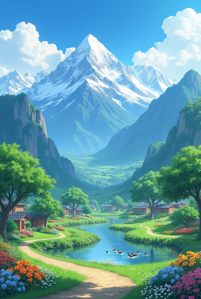 Majestic snow-capped mountains stand in the distance,周围是郁郁葱葱的绿色grassland和生机勃勃的森林。A winding path through a valley filled with fresh air and colorful flowers。,Ultra HD resolution,Perfect details,Natural Light,Beautiful scenery,Stunning views。High angle of view,High Definition,Wide-angle lens,Majestic mountain peaks。It is a fantasy art style with picturesque natural beauty。Beautiful anime sky,Blue sky and white clouds like cotton candy,Small village with green trees,The breeze blows through the leaves, rippling on the water,Mandarin ducks playing in the water,Water lily in the water,Bright flowers add to its beauty,A sense of tranquility combined with nature,Capture scenes of idyllic rural landscapes,grassland,Colorful flowers and trees everywhere,The scene is in Japanese anime style,Soft colors and a dreamy atmosphere,This creates a peaceful and idyllic natural landscape,Wide-angle viewing angle,This picture is in anime style,The picture quality is clear,The picture is clean、Shock,The resolution is high,Natural lighting,High Detail,High-quality ultra-delicate images,Wide-angle lens