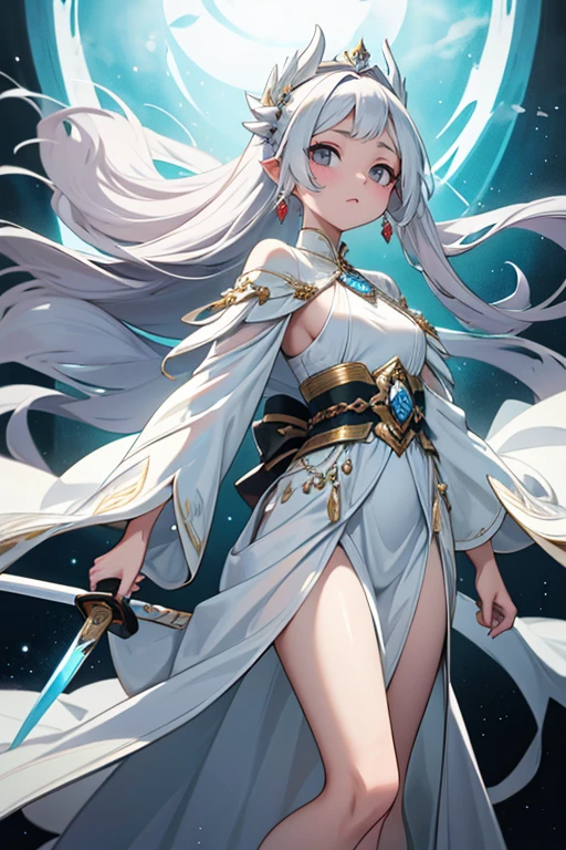 beautiful empress with translucent skin, stunning appearance, deep wisdom in her eyes, as if seeing through the world, wearing luxurious white robe, holding a long sword, flowing robe and silver hair in the wind, the white robe perfectly accentuates her graceful figure, her demeanor is gentle and pastoral, like a perfect fairy