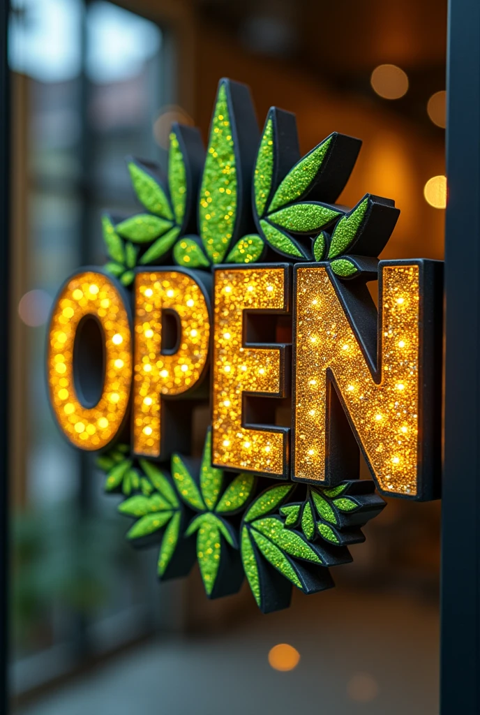 Create me an Open sign with cannabis pollen hashish design