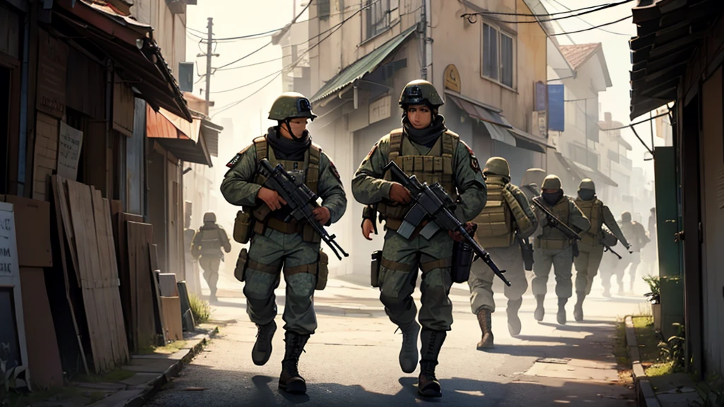 Man wearing full military gear looting 
