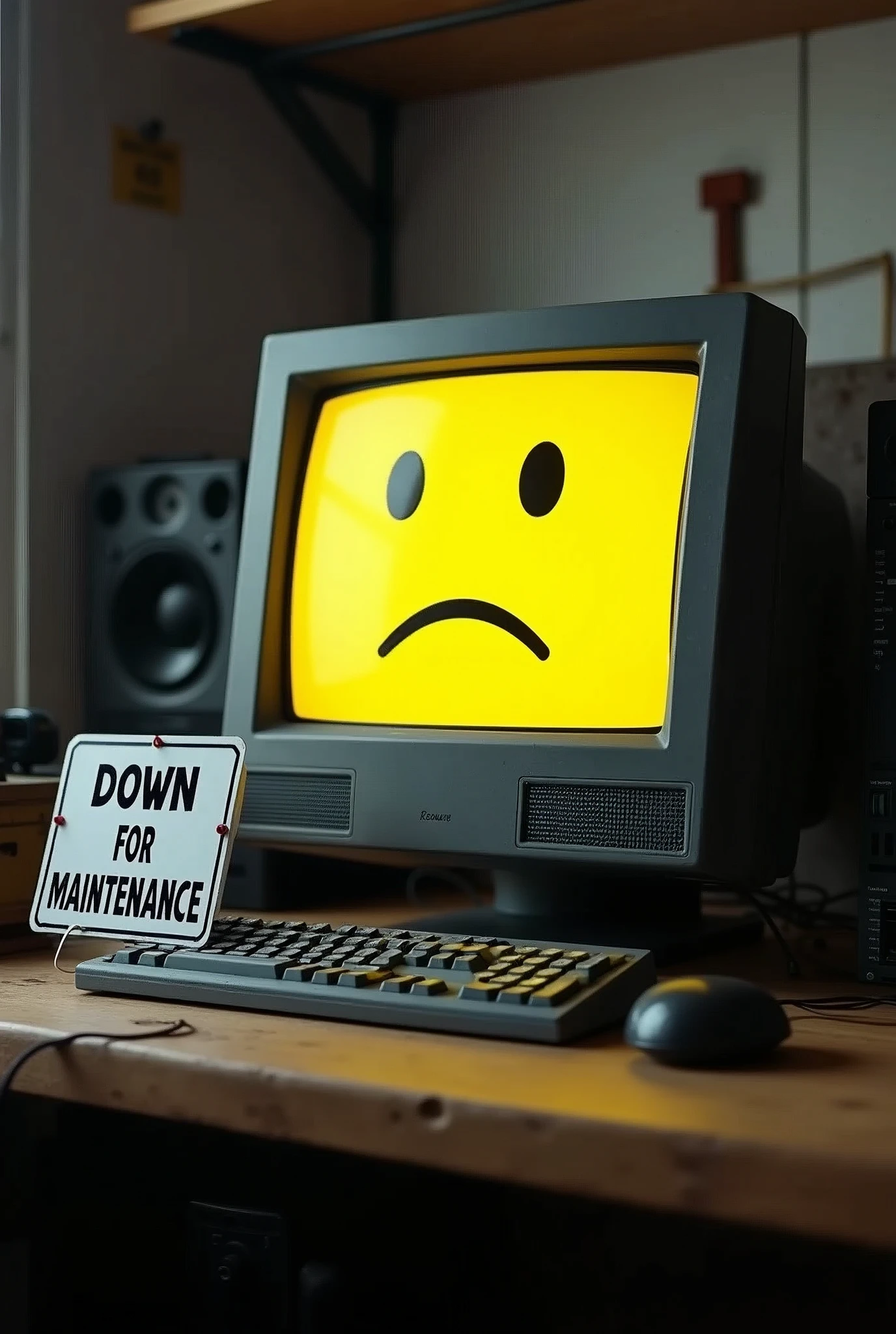 A computer with a sad yellow face on the screen, next to it lies a sign that says "Down For Maintenance", Workbench