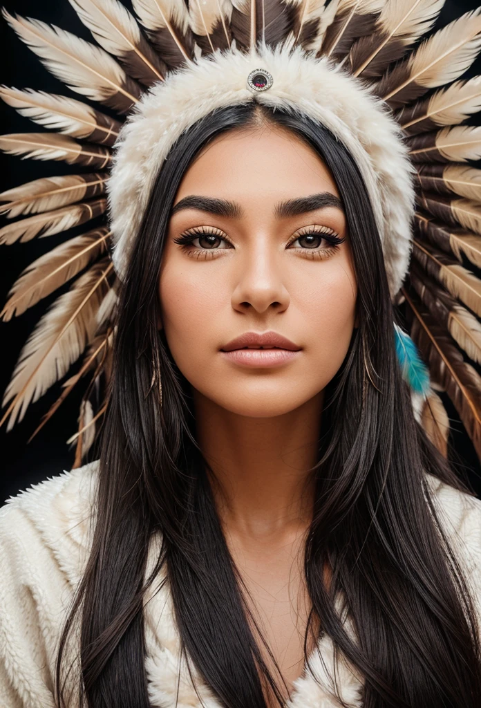 Artwork camera focused on the face of an American Indian woman with very large eyebrows and eyes, Perfect long eyelashes, thick split lips, perfect nose wears on his head a very perfect tuft of feathers, The background is a beautiful, very crystalline river.