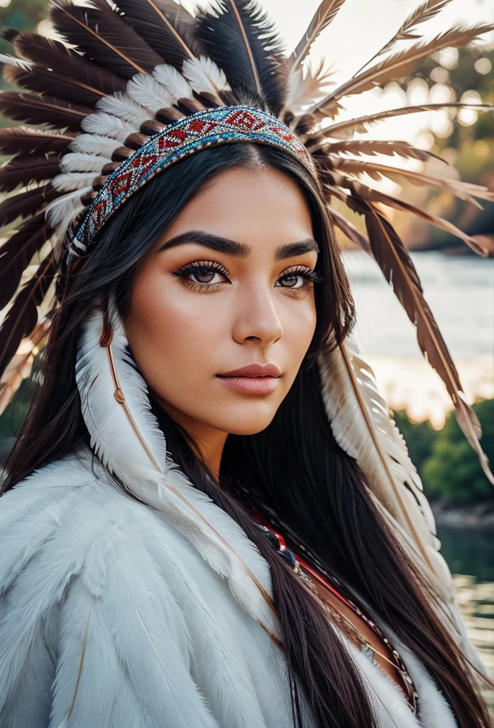 Artwork camera focused on the face of an American Indian woman with very large eyebrows and eyes, Perfect long eyelashes, thick split lips, perfect nose wears on his head a very perfect tuft of feathers, The background is a beautiful, very crystalline river.