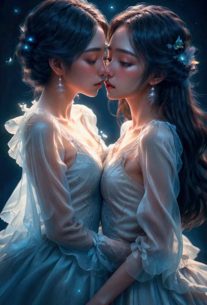 Beautiful 17 year old lovers, All black dress code with detailed details, Romantic, Beautiful Couple, A mystical and ethereal scene with stars, flowers, All things in nature are made up of light and brightness., (best quality, 4K,8k, high resolution, masterpiece:1.2), (Upper body close-up angle), very detailed (realistic:1.37),movie lights,dramatic atmospheric lighting,vivid colors, 초realistic, dreamlike, ethereal, magical, Convoluted details, quiet,feeble, elegant, soft focus, feels like a movie, dramatic, great composition, Glowing dreamy background, 