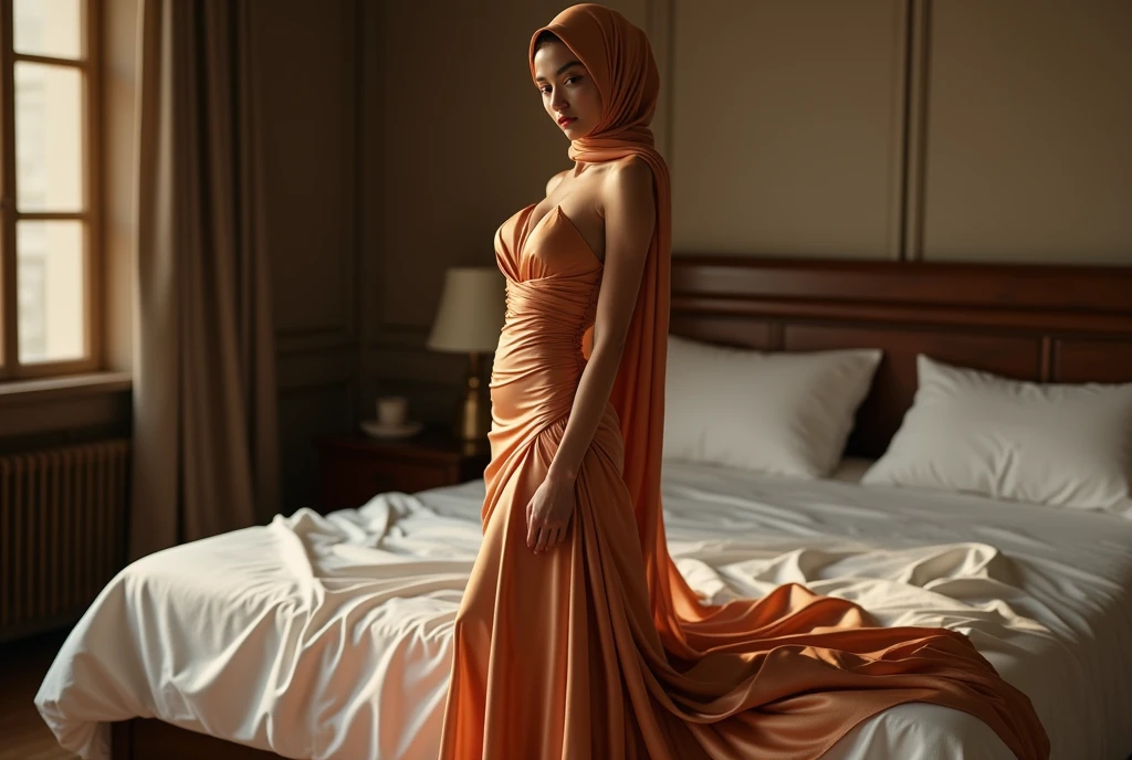 Asian woman wrapped in a shine satin cloth mimicking a mermaid gown with a striking large train, the cloth clings tightly to her figure, incorporates a hijab, standing with poise, see through whole body,half naked, nipple on, dramatic lighting, sexy pose in bed room, volumetric textures, ultra realistic, golden ratio.