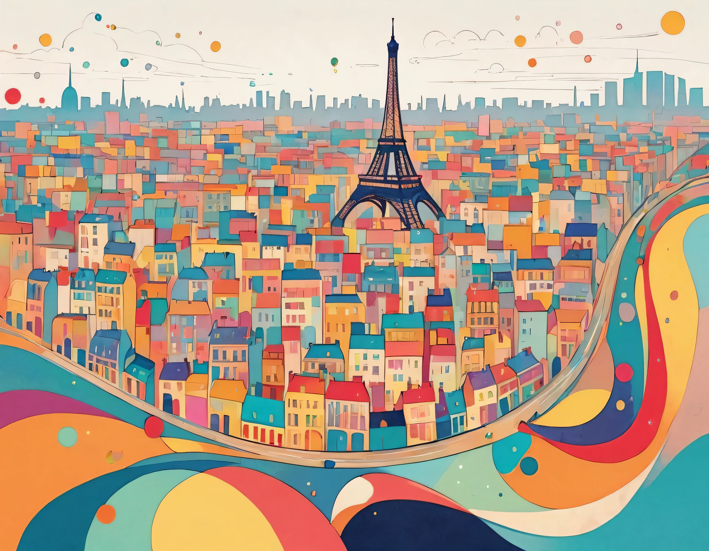 Seizo Watase colorful style, Simple Line Initialism，Abstract art，(((Paris cityscape))), (((No people)))