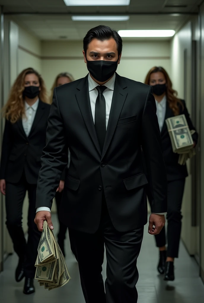 A man with black hair and a black suit followed by a woman with black hair and a black suit as well as another woman with blonde hair and a black suit, all wearing black face masks., They escape from a bank vault with bags of money in their hands