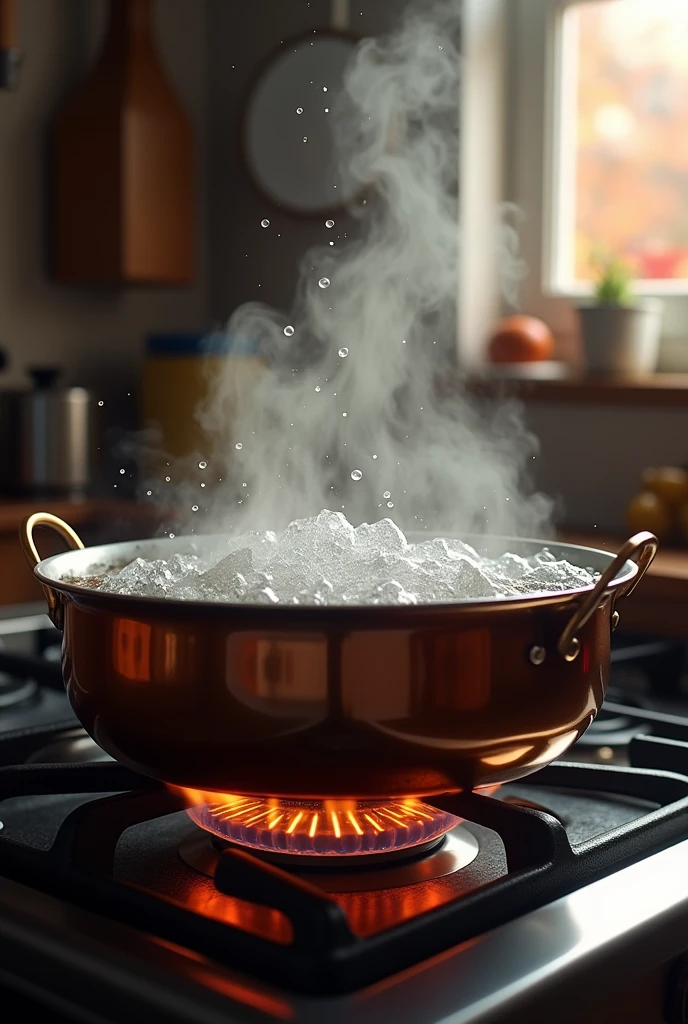 Water boiling from steel pot which is on the stove
