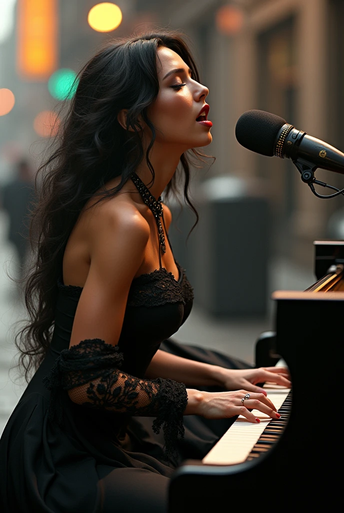street piano,araffe woman in a bondage singing and playing a piano, a portrait by Wayne England, trending on cg society, arabesque, energetic jazz piano portrait, portrait sophie mudd, pianist, gorgeous woman, photo of the beauty gal gadot, portrait of gal gadot, zoë kravitz, ashteroth, promo image, advertising photo, promotional image