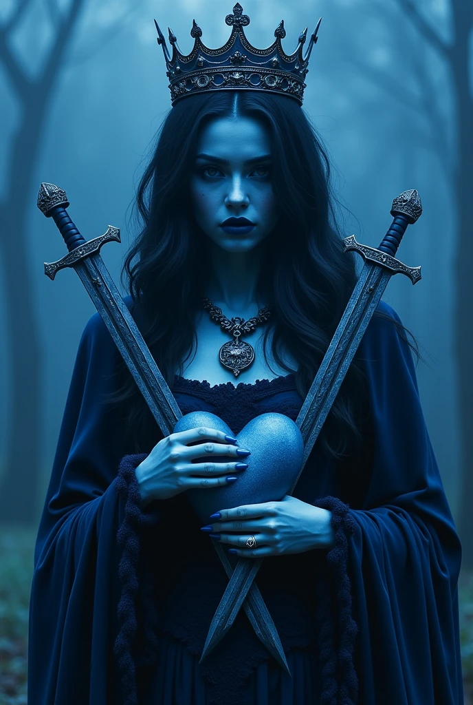 Make the Queen of Spades from Playing Cards, a queen of blue tones but sad with swords stuck in her heart