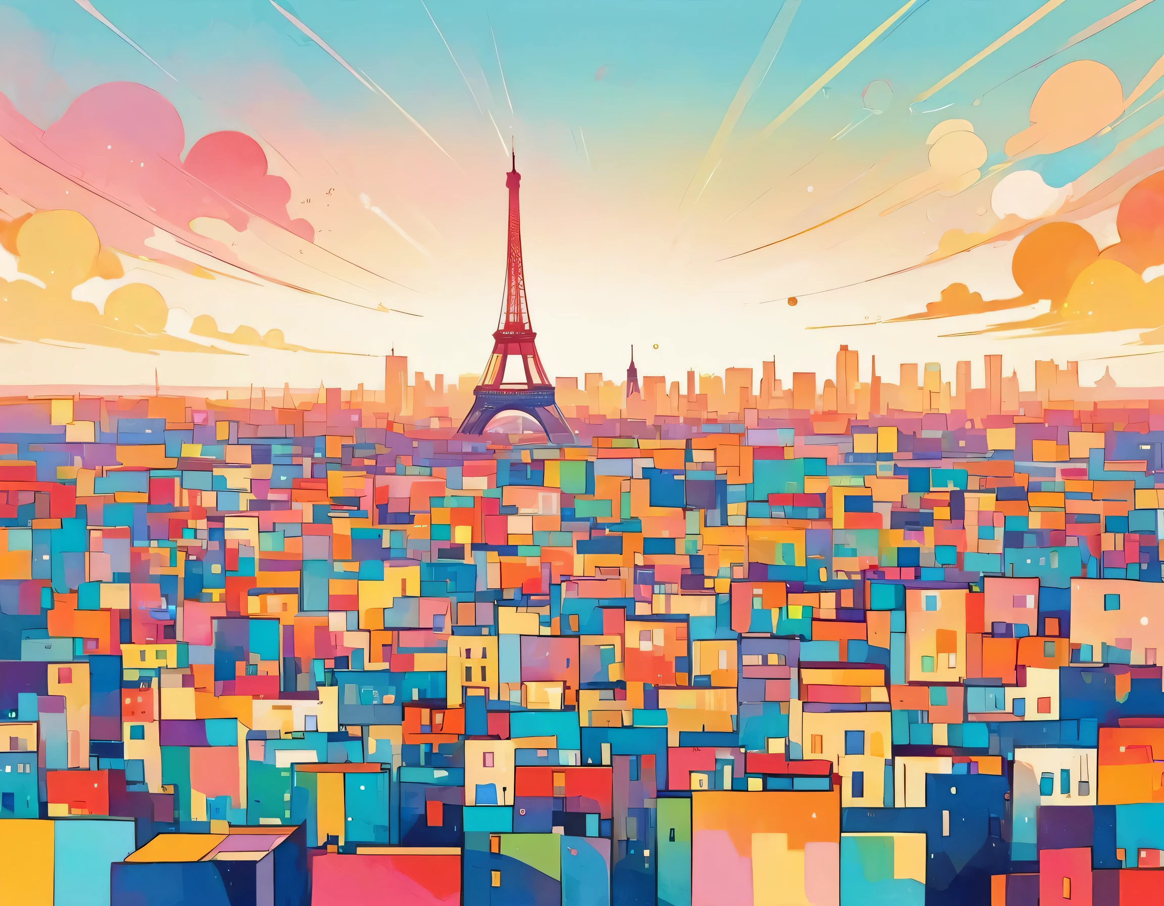 Seizo Watase colorful style, Simple Line Initialism,Abstract art,(((Paris cityscape))), (((No people)))
