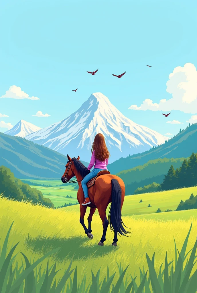 a girl is riding a horse on the grassland in the distance. In the distance are snow-capped mountains, surrounded by linear grasslands. There are birds flying in the sky. The illustration is Drawn with colorful lines in a flat style, with green as the background, vibrant illustration scene, Van Gogh style, K