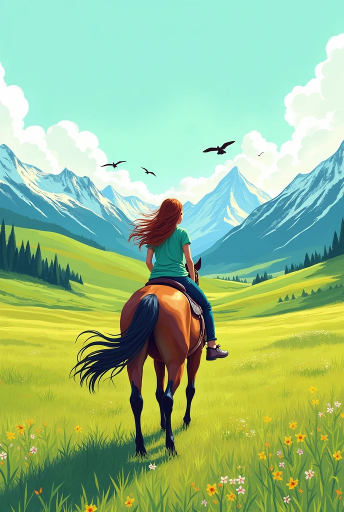 a girl is riding a horse on the grassland in the distance. In the distance are snow-capped mountains, surrounded by linear grasslands. There are birds flying in the sky. The illustration is Drawn with colorful lines in a flat style, with green as the background, vibrant illustration scene, Van Gogh style, K