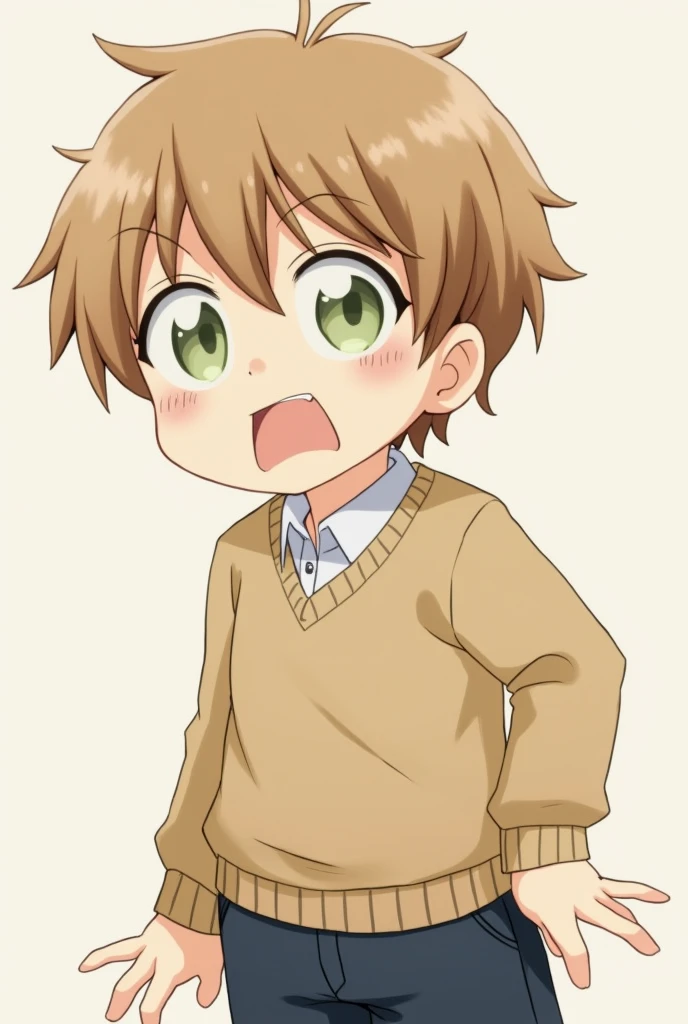 Short boy, light brown hair and green eyes, wearing a light brown sweater and a white shirt underneath, dark blue pants, his expression was surprised and somewhat scared.