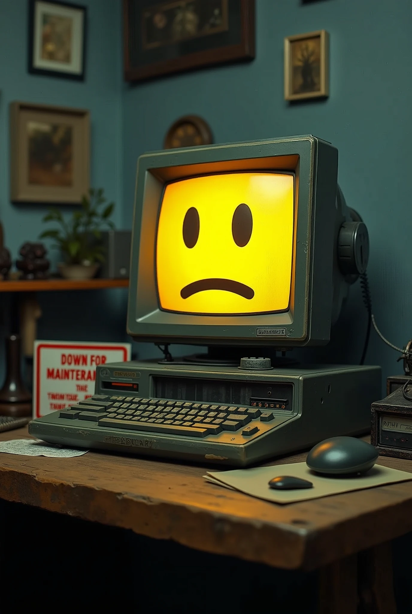 A computer with a sad yellow face on the screen, next to it lies a sign that says "Down For Maintenance", Workbench
