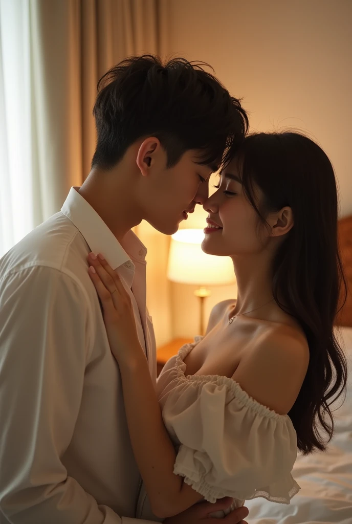 Korean lover kissing, look each other, at bedroom
