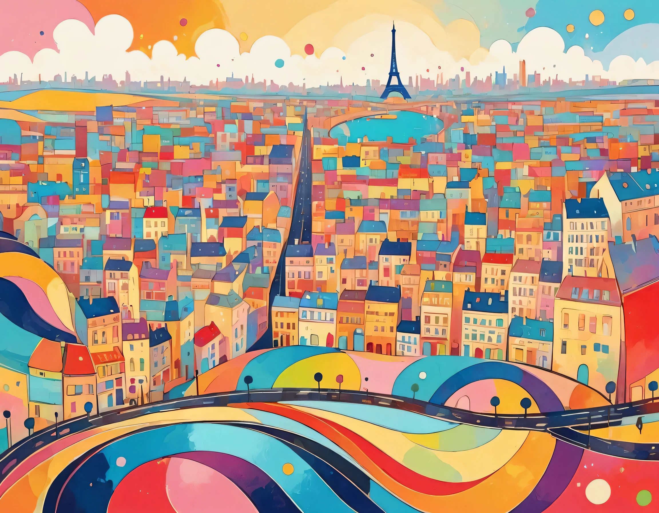 Seizo Watase colorful style, Simple Line Initialism,Abstract art,(((Paris cityscape))), (((No people)))