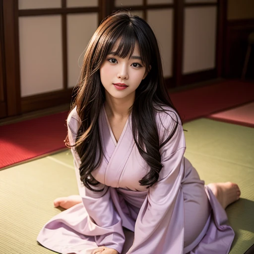 best quality, Delicate face,beautiful visual work, lifelike, eternity, black hair, Long curly hair, blunt bangs, Smile, Detailed Background, Delicate face,blush,cold,((masterpiece))、(top quality)、8k、high detail、Super detailed,41-year-old female,Wearing a yukata, Kneeling on the tatami, masterpiece、born、Scenes resembling fairy tale illustrations、intricate details和複雜的設計、Beautifully、magic、capricious、 Beautifully、Dream aesthetics、「𝓡𝓸𝓶𝓪𝓷𝓽𝓲𝓬、ethereal、charming、fickle、magic」、realism、Visual effects、FXAA、SSAO、Shader、voiceless、ambient lighting、Tone mapping、High resolution、Ultra high quality、Million pixels、(8K resolution:1.10)、8k、8k以下、8K resolution、high detail、intricate details, (high quality:1.2、masterpiece:1.2、:1.21)、(41-year-old female:1.21)、(興奮地Smile)、(Surrounded by a dreamy atmosphere、Model diagram,full-body shot,Normal 2 feet,Put your hands behind you,The protrusion of the breast is visible when wearing clothes, Large Breasts, H cup chest, pink clothes, Don't show your fingers, full-body shot, full-body shot,full-body shot,full-body shot,full-body shot,full-body shot,full-body shot,full-body shot,hands hidden in clothes, hands hidden in clothes,hands hidden in clothes,hands hidden in clothes,hands hidden in clothes,hands hidden in clothes,hands hidden in clothes,hands hidden in clothes,hands hidden in clothes, ,hands hidden in sleeves ,hands hidden in sleeves ,hands hidden in sleeves ,hands hidden in sleeves ,hands hidden in sleeves ,hands hidden in sleeves ,hands hidden in sleeves ,hands hidden in sleeves, arms behind back, arms behind back,indoor, Japanese style decoration, Japanese style architecture, Japanese-style room, 在Japanese-style room內, Pink and white yukata with flower pattern, Pink and white floral pattern yukata