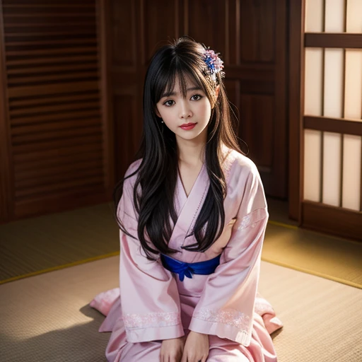 best quality, Delicate face,beautiful visual work, lifelike, eternity, black hair, Long curly hair, blunt bangs, Smile, Detailed Background, Delicate face,blush,cold,((masterpiece))、(top quality)、8k、high detail、Super detailed,41-year-old female,Wearing a yukata, Kneeling on the tatami, masterpiece、born、Scenes resembling fairy tale illustrations、intricate details和複雜的設計、Beautifully、magic、capricious、 Beautifully、Dream aesthetics、「𝓡𝓸𝓶𝓪𝓷𝓽𝓲𝓬、ethereal、charming、fickle、magic」、realism、Visual effects、FXAA、SSAO、Shader、voiceless、ambient lighting、Tone mapping、High resolution、Ultra high quality、Million pixels、(8K resolution:1.10)、8k、8k以下、8K resolution、high detail、intricate details, (high quality:1.2、masterpiece:1.2、:1.21)、(41-year-old female:1.21)、(興奮地Smile)、(Surrounded by a dreamy atmosphere、Model diagram,full-body shot,Normal 2 feet,Put your hands behind you,The protrusion of the breast is visible when wearing clothes, Large Breasts, H cup chest, pink clothes, Don't show your fingers, full-body shot, full-body shot,full-body shot,full-body shot,full-body shot,full-body shot,full-body shot,full-body shot,hands hidden in clothes, hands hidden in clothes,hands hidden in clothes,hands hidden in clothes,hands hidden in clothes,hands hidden in clothes,hands hidden in clothes,hands hidden in clothes,hands hidden in clothes, ,hands hidden in sleeves ,hands hidden in sleeves ,hands hidden in sleeves ,hands hidden in sleeves ,hands hidden in sleeves ,hands hidden in sleeves ,hands hidden in sleeves ,hands hidden in sleeves, arms behind back, arms behind back,indoor, Japanese style decoration, Japanese style architecture, Japanese-style room, 在Japanese-style room內, Pink and white yukata with flower pattern, Pink and white floral pattern yukata