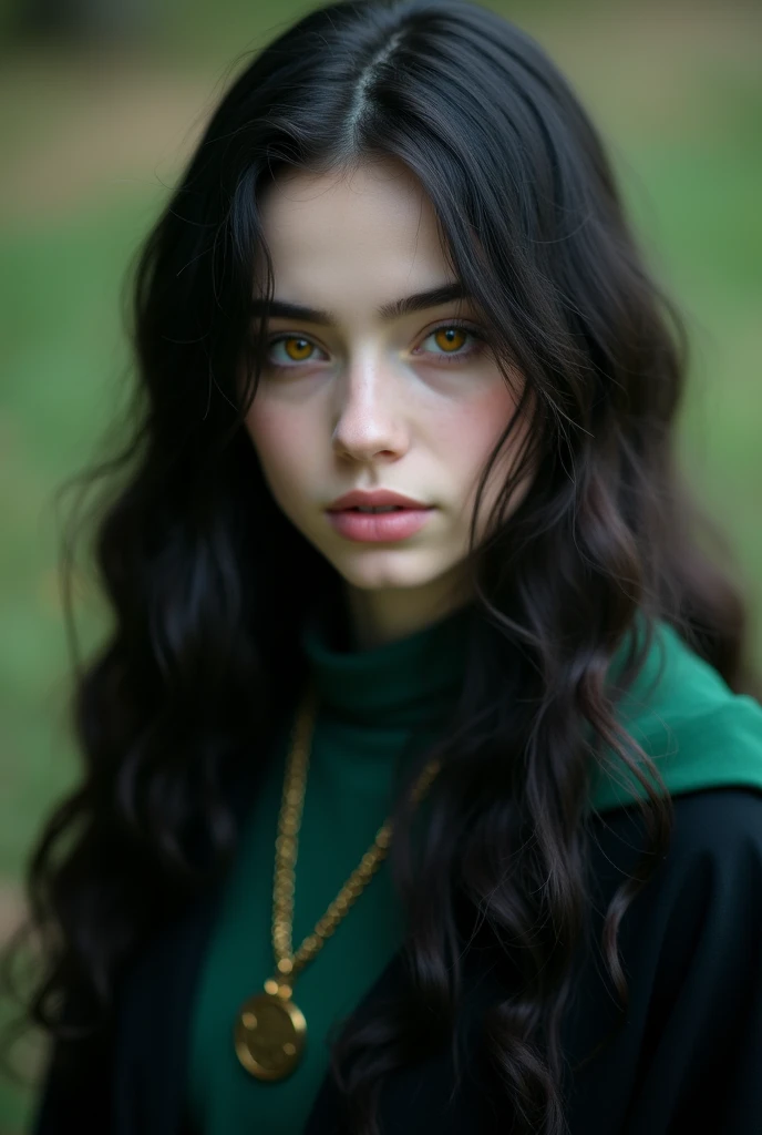 a girl about 18 years old, a beautiful girl with a cold beauty with long, loose black hair bouncy hair, a few strands of hair in the front of her face in a fluttering style, she has beautiful, captivating yellow eyes, she wear a little green and black cloak of Slytherin uniform ,Hogwarts, she looks quite thin she has white skin