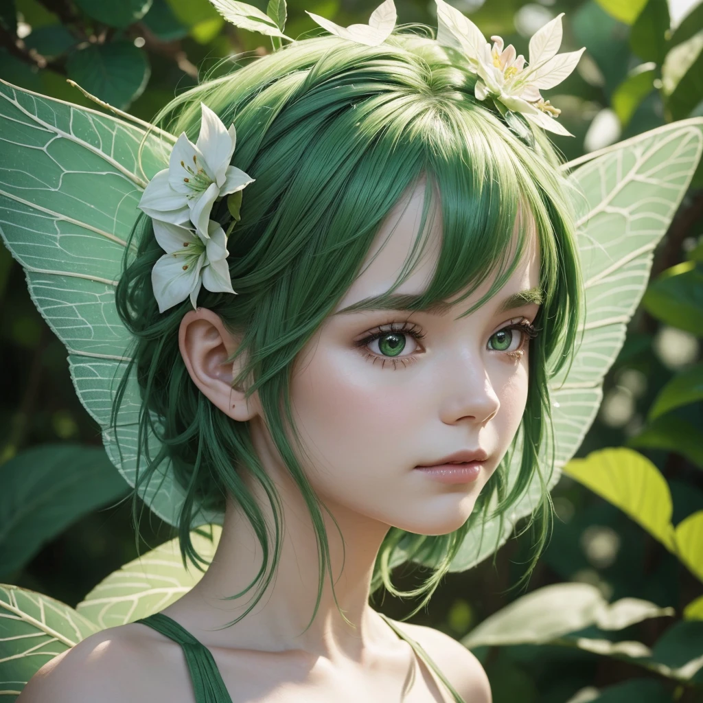 “Create an extreme close-up portrait of a Leaf Fairy. The fairy should have vibrant green hair, delicate leaf or flower-like wings, and a serene expression. The background should be heavily blurred to emphasize the fairy’s face, with soft, nature-inspired colors.”