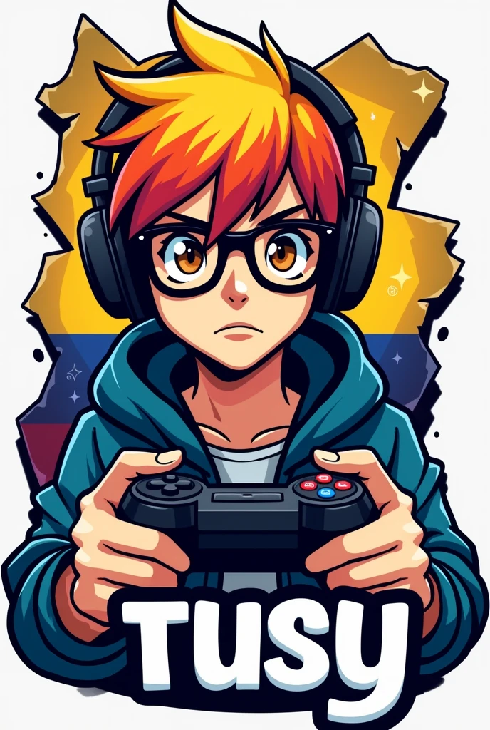 Create me a logo where the mascot is an 18-year-old with a serious expression, behind the Colombian flag that is torn, Brown eyes, yellow blue and red hair, black headphones, black glasses and underneath have the letters "tusy" that he has a controller in his hands