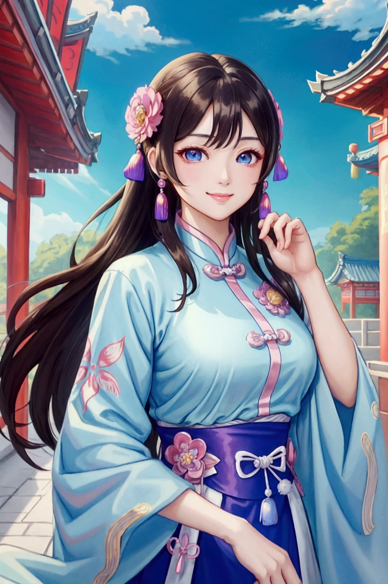 (Highest quality、 8k 、masterpiece、High resolution)、(Chinese Drama、Changgexing、Li Changge、Dililaba)、Tang Dynasty、Changan、1 Female、Beautiful young person、blue eyes、Pretty lips、Hairpin、decoration、(Noble Princess)、(Anime Beauty)、(Anime Art)、Smiling and posing happily、Bright atmosphere、Light colored long hair、Light pink Hanfu、古いChanganの街並み、Tang Dynasty Buildings、Tang Dynasty Buildings、Official Art、Detailed CG、